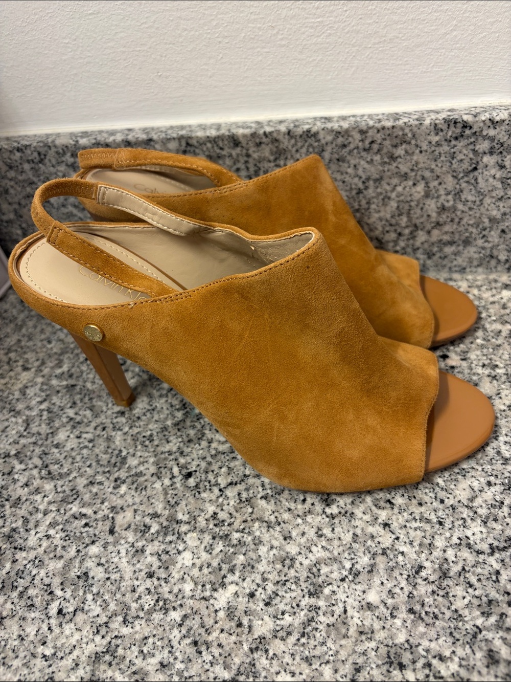 Calvin Klein Cognac Suede Open-Toe Slingback Mules size 7.5